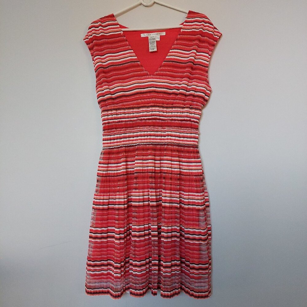 Max Studio Bright Orange Striped V-Neck Pleated Dress, Size L/M